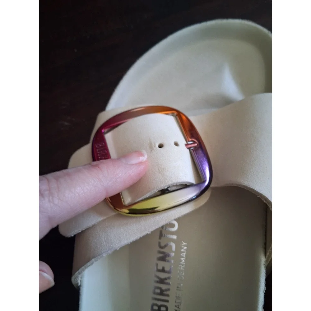 Birkenstock Madrid Big Buckle Sandals 42 Cream Leather Iridescent Rainbow buckle - Picture 6 of 8